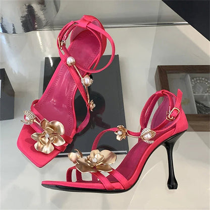 Fretwork Flower Thin Heels Sandals for Women