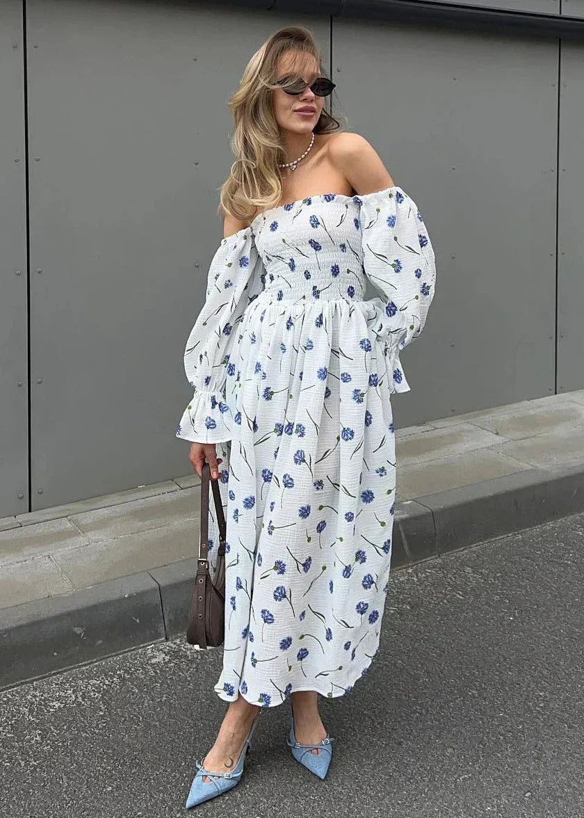 Off-Shoulder Smocked Puff Sleeve Floral Print Crinkled Midi Dress