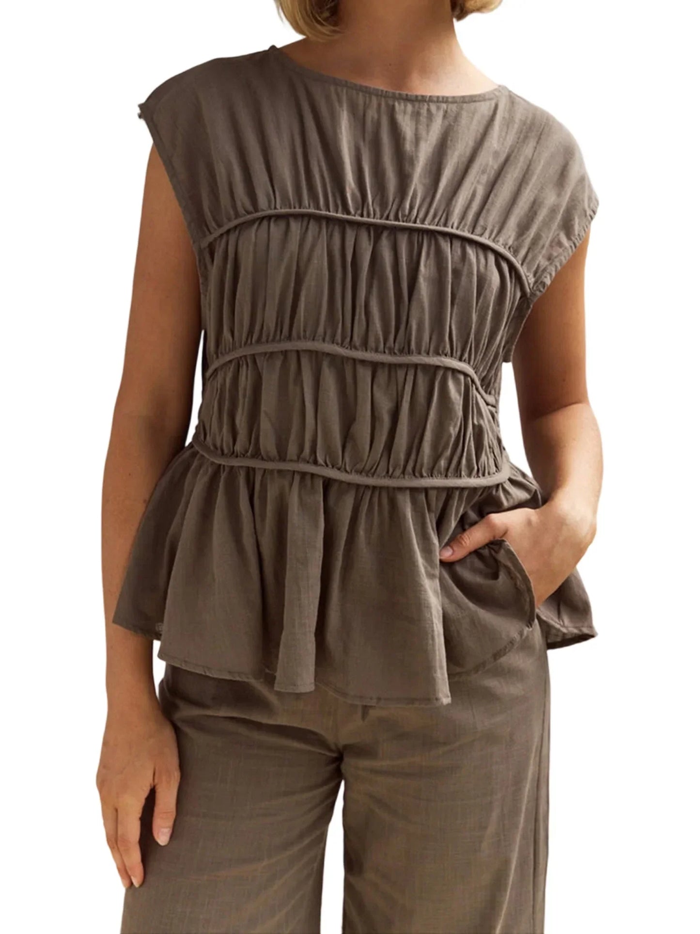 | Ruched Cap Sleeve Peplum Top