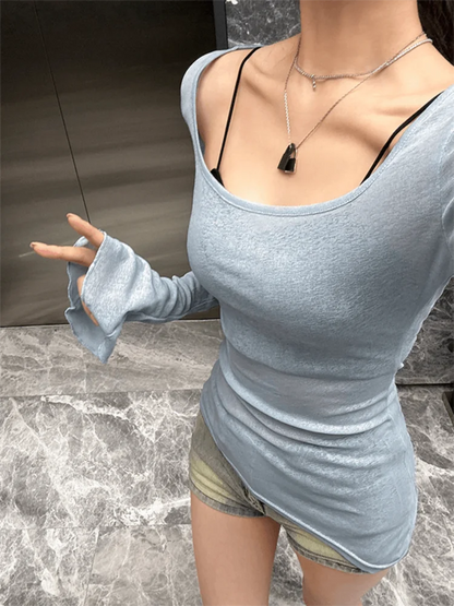 Mesh Irregular Long Sleeve Sheer Top