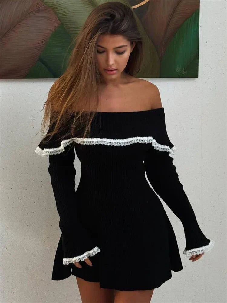 Off Shoulder Rib Knit Lace Trim Bell Cuff Mini Dress