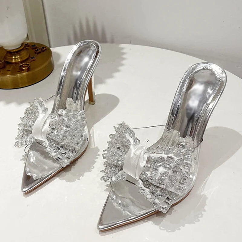 Pointed Toe Mule High Heels Stripper with Bowknot and Transparent PVC