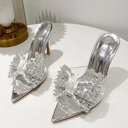 Pointed Toe Mule High Heels Stripper with Bowknot and Transparent PVC