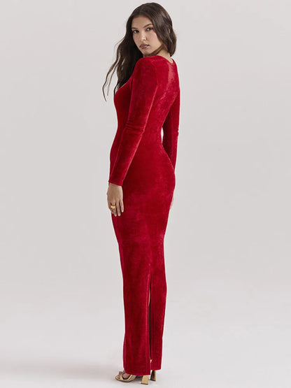 Velvet Long Sleeve V Neck Bodycon Dress