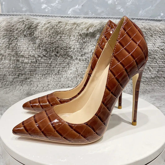 Coffee Brown Crocodile Women Sexy High Heels Party Shoes - 12cm