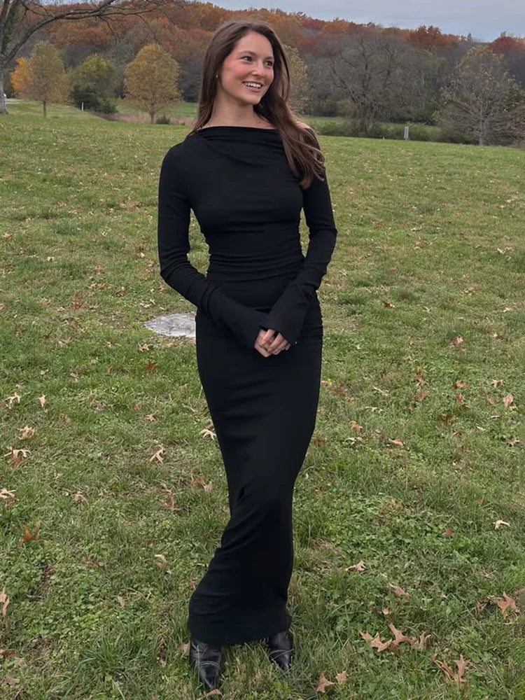 White Skew Collar Long Sleeve Maxi Dress