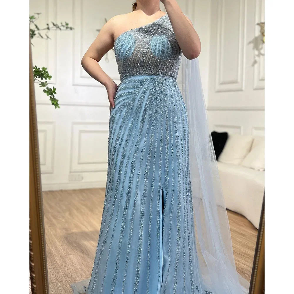 One-Shoulder Cape Sleeve Beaded Evening Dresses