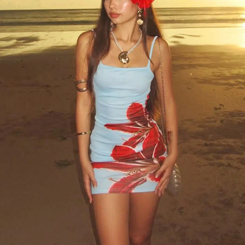 Printed Spaghetti Strap Backless Mini Dress