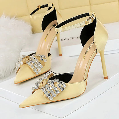 Summer High Heels 10 Cm Rhinestone Bow Women's Pumps with Hollow Out Design