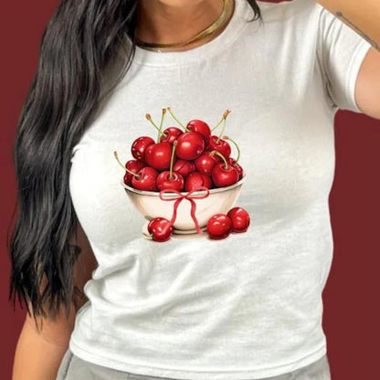 Cherry Fruit Print Crop Fit T-shirt