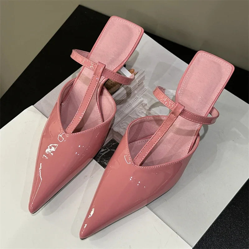 Patent Leather Hollow Out Slippers with Thin Heels and Pointed Toe for Women