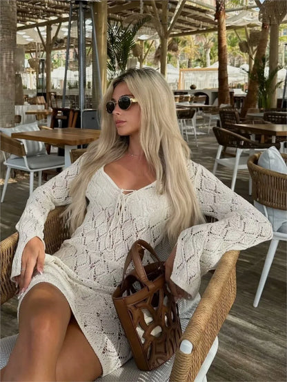 Crochet Geometric Lace Up Deep V Neck Long Sleeve Mini Dress