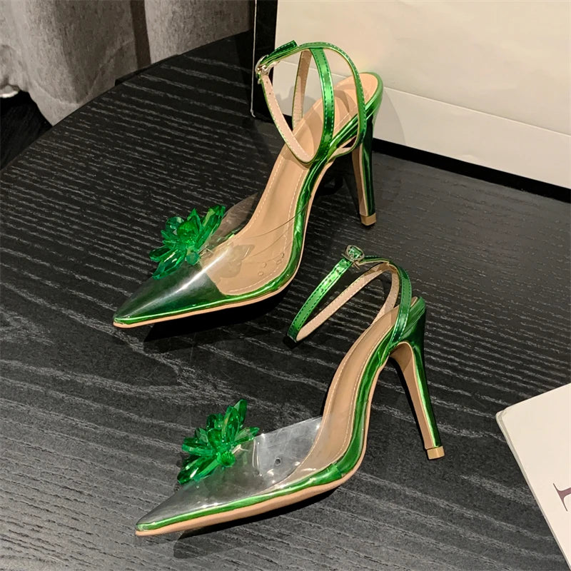 Green Crystal Flower Women Pumps with Sexy Pointed Toe High Heels