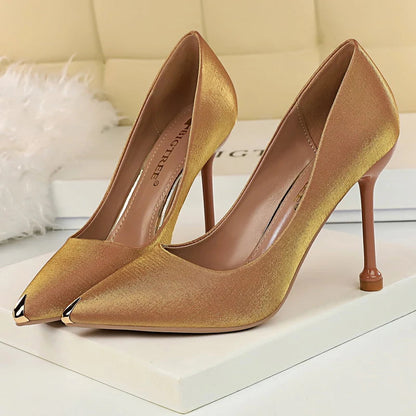Luxurious Satin High Heel Pumps with Metal Tip Stiletto for Spring Banquets