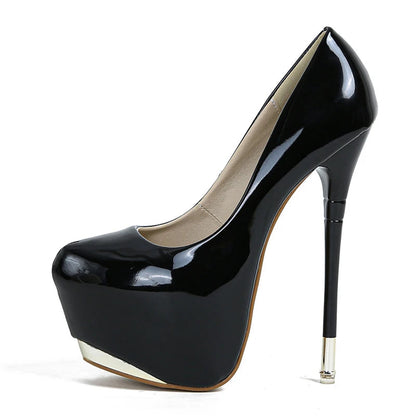 Red Leather Round Toe Metal Platform Pumps with 16CM High Heels for Women