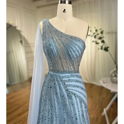 One-Shoulder Cape Sleeve Beaded Evening Dresses