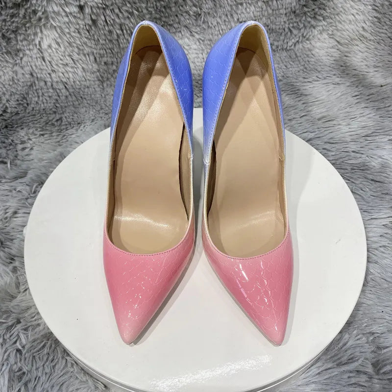 Blue Pink Crocodile Effect Pointy Toe High Heel Shoes for Women