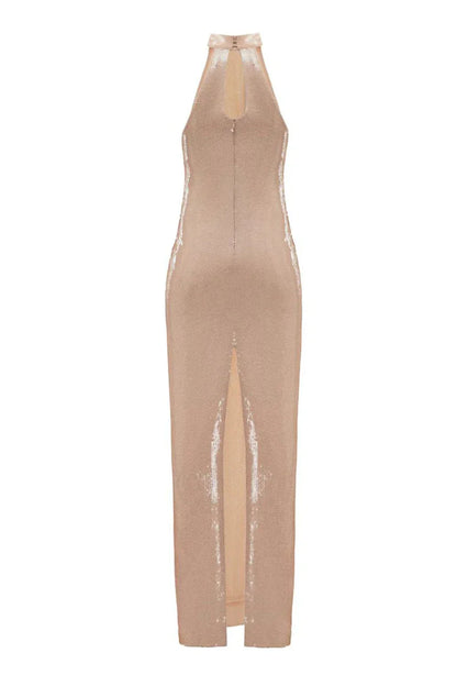 High neck bead wrapped hip skirt slit sequin dress