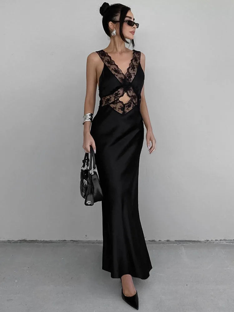 Deep V Lace Slim Party Maxi Dress