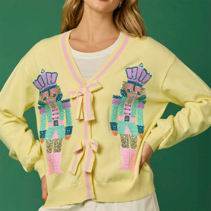 Glitter Sequined V-neck Bow Button Cardigan
