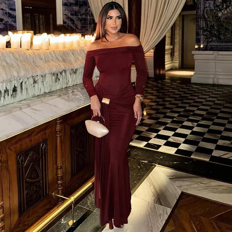 Off The Shoulder Pleated Full Sleeve Dress