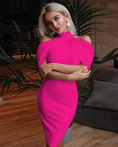 Solid Halter Off Shoulder Hip Package Bodycon Work Dress