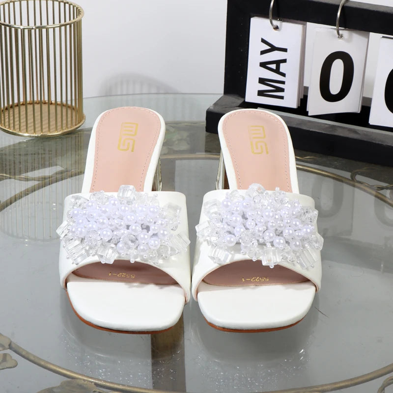 Summer rhinestone beads high heel sandals for women