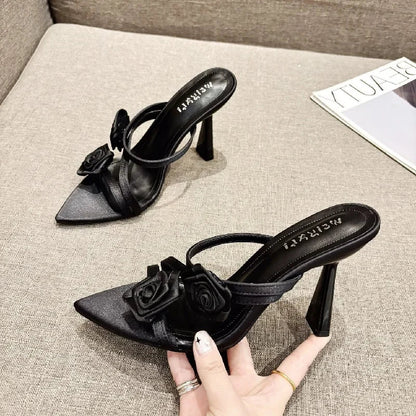 Candy Color Flower Pointed Toe Thin Heel Slippers for Women