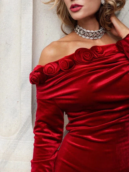 Off-Shoulder 3D Flower Red Velvet Dress