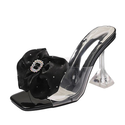 PVC Transparent High Heel Slippers with Rhinestone Buckle and Bowknot for Women