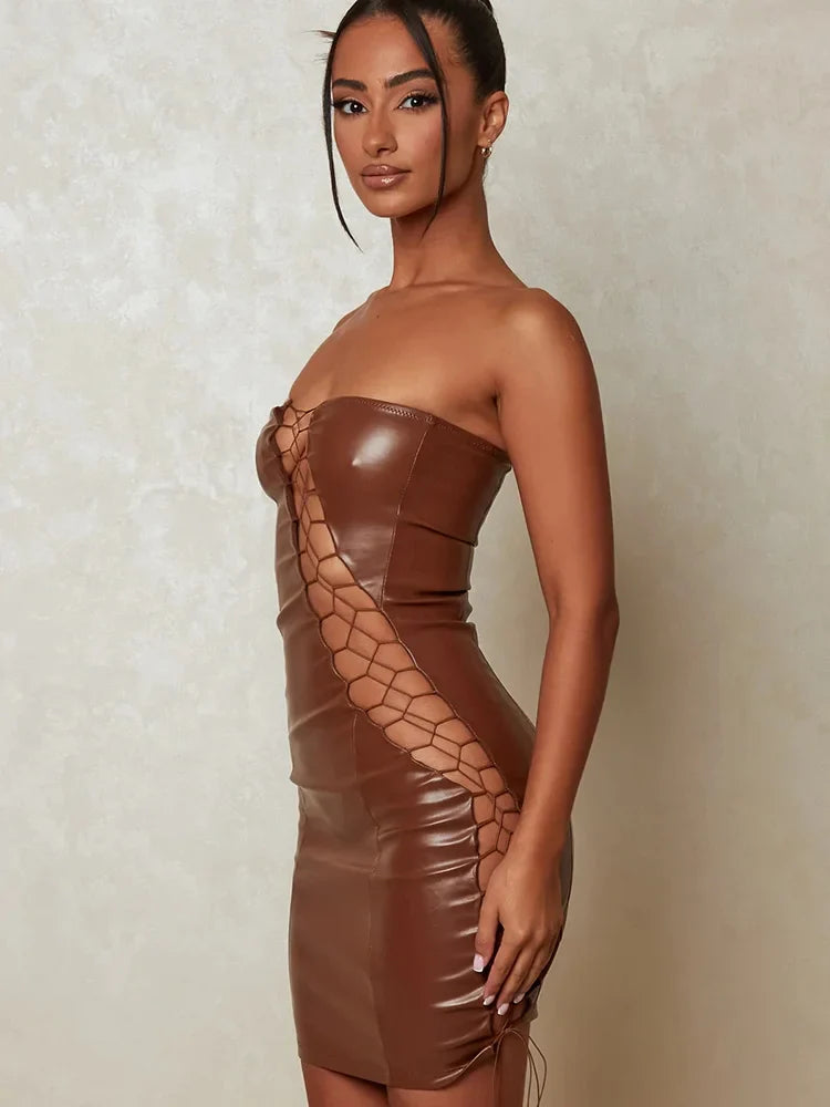 PU Leather Strapless Sleeveless Bodycon Dress