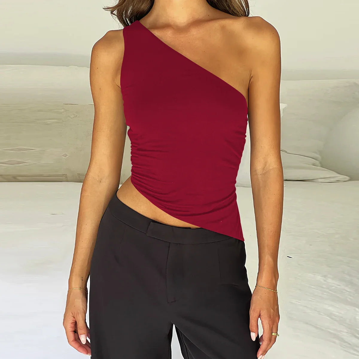 One Shoulder Lace Up Mesh Sheer Top