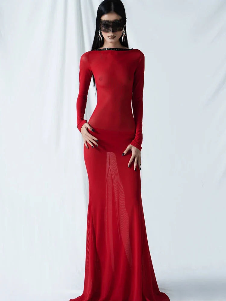 See Through Backless Long Sleeve Party Dress