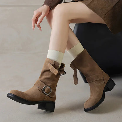 | Suede Buckle Boots in Black