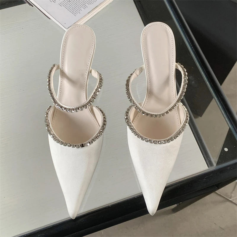 Crystal Thin Heel Pointed Toe Mules Slippers for Women Street Style Fashion