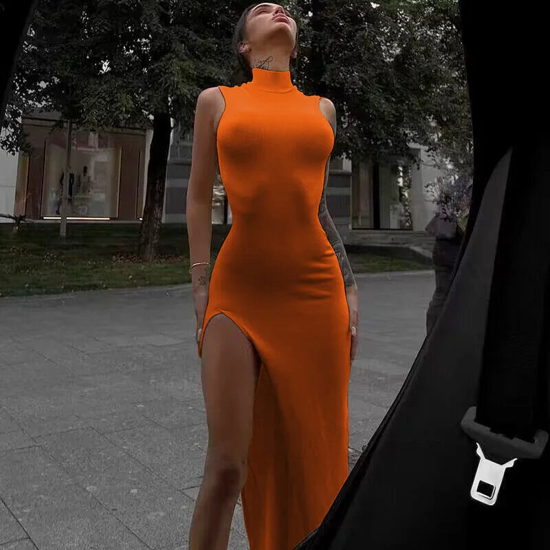 Slit Turtleneck Orange Midi Bodycon Dress