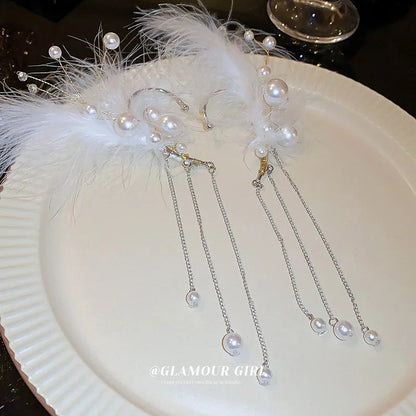Lizakosht Unique Long White Feather Pearl Tassel Earrings for Women Creative Clip-On Party Jewelry No Piercing