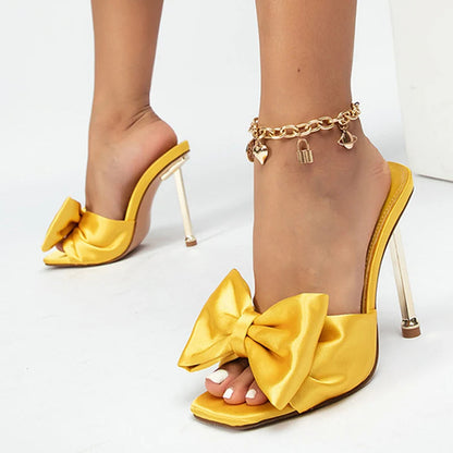 Orange Silk Butterfly-knot High Heels Women Slippers