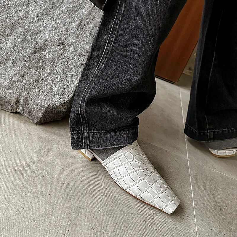 | Leather Croc-Embossed Low Heel Mules