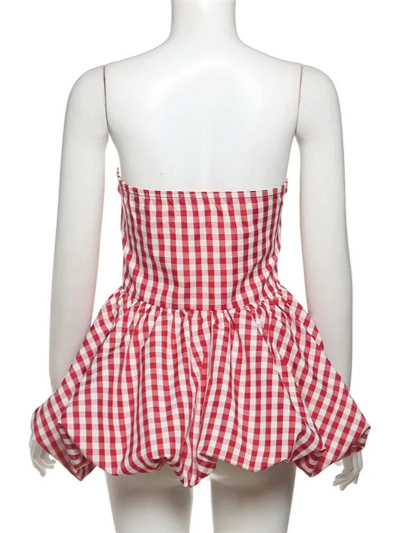 Spring Summer Plaid Tops for Women Streetwear Strapless Off Shoulder Backless Ruched Red T-shirt Girls Sleeveless Tees Top