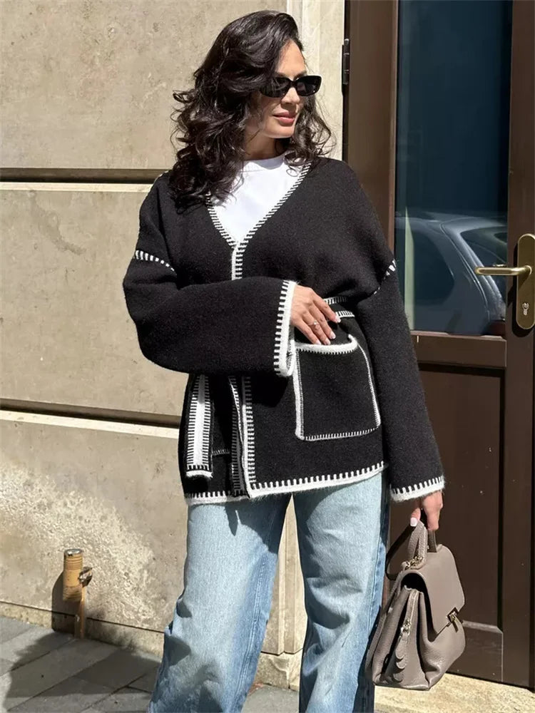 Lace-Up Patchwork Knit Coat
