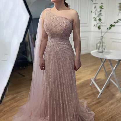 One-Shoulder Cape Sleeve Beaded Evening Dresses
