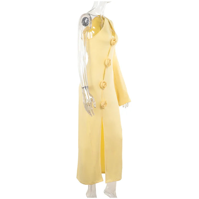 3D Flower Skew-collar Hollow Out Side Split Dress