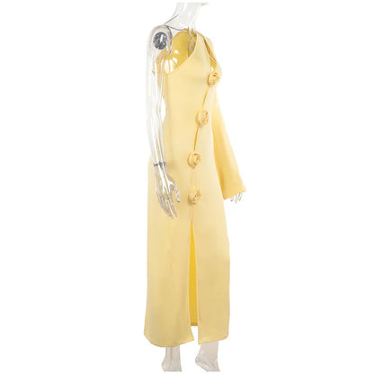 3D Flower Skew-collar Hollow Out Side Split Dress