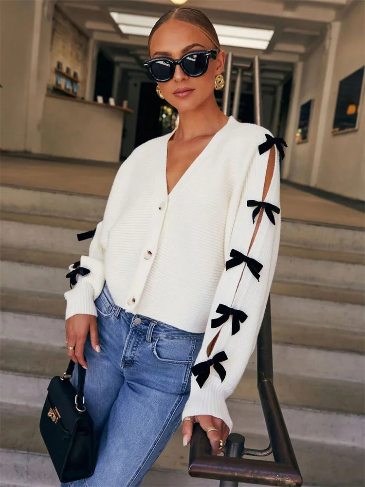 Bow Ribbed Hollow Knit Coat
