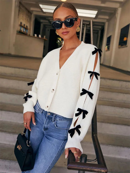 Bow Ribbed Hollow Knit Coat