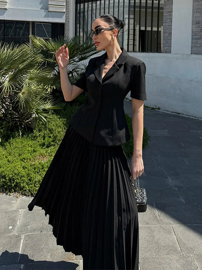 Button Lapel Pleated Skirt Coat