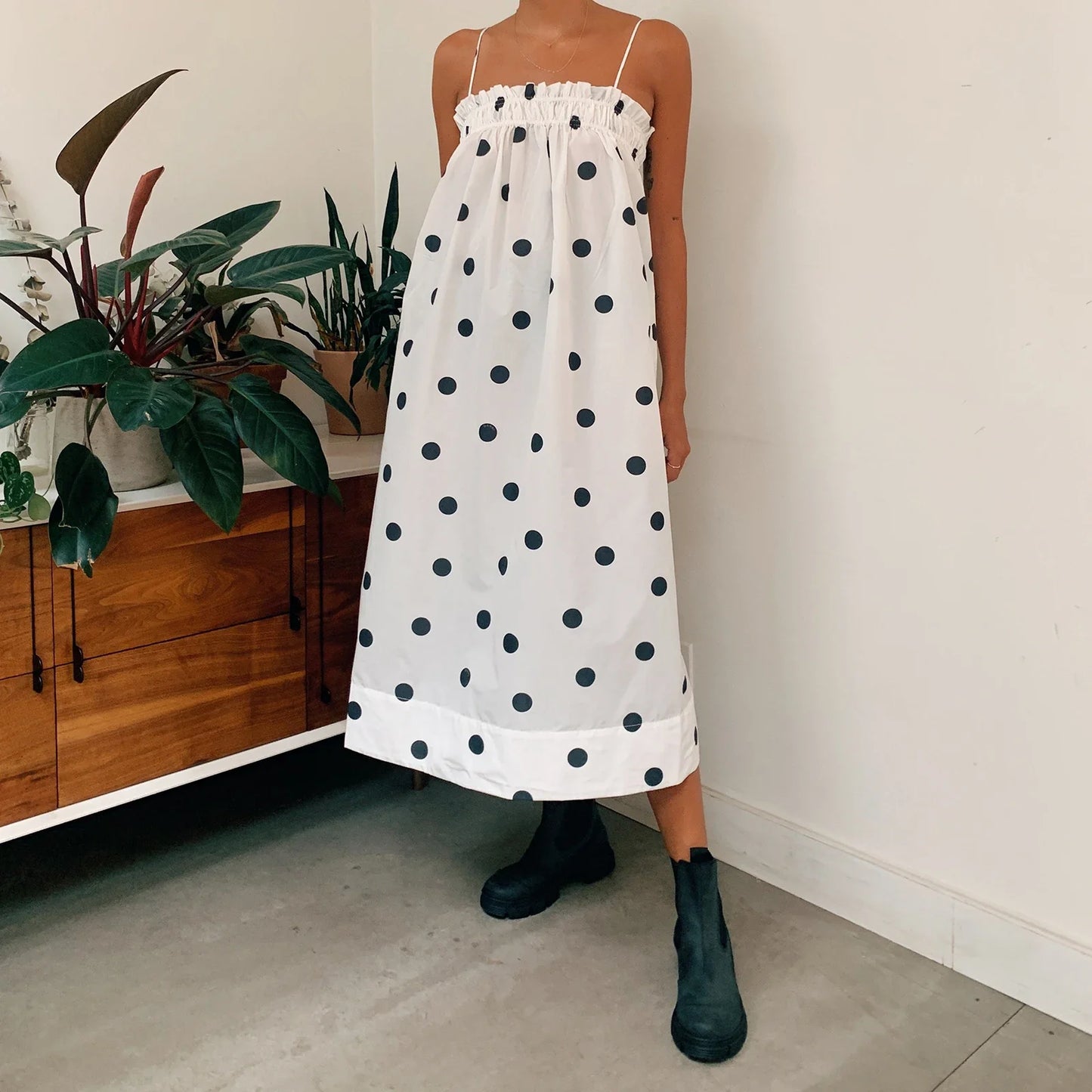 Ruffled Dot Print A-Line Vacation Dress