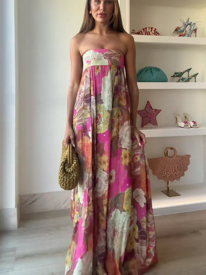 Pleated Printed Strapless High Waist Boho Dress
