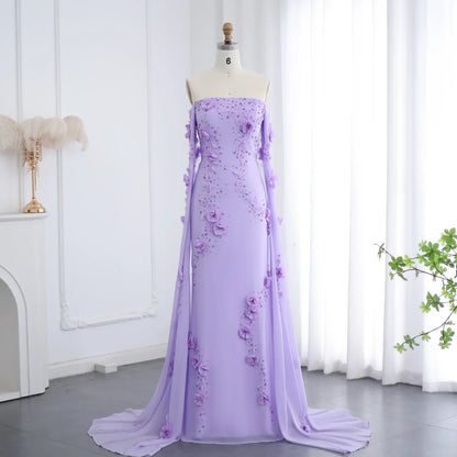 Off-Shoulder Lilac 3D Flowers Evening Dress with Cape Sleeves